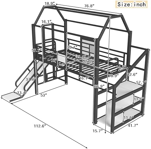 Bellemave Twin Size Metal House Loft Bed with Slide and Stairs,Heavy Duty Playhouse Loft Bed Frame with Storage Shelves for Kids,Teens,Adults,Black