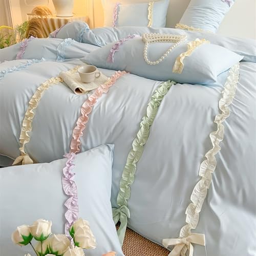 Rainbow Ruffles Bedding Set with Bow,Colorful Striped Duvet Cover, Cute Princess Style 2 PCS Duvet Cover Set-1 Duvet Cover and 1 Pillowcases for Girls Teens Bedroom,No Comforter
