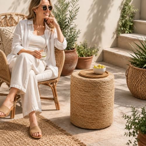 14" Boho Pouf Patio Ottomans Natural Straw Handweave Rustic Round Footstool