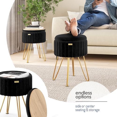 Round Ottoman with Storage, Pleated Velvet Storage Ottoman, Foot Stool Ottomans, Makeup Vanity Stool, Small Ottomans Foot Rest, Modern Vanity Stools for Living Room and Bedroom, Black