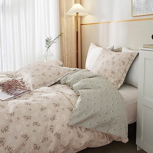 HighBuy Boho Floral Duvet Cover Twin XL Cotton Aesthetic Bedding Set,Comforter Cover 3 Piece,Reversible Green Garden Lightweight,Soft,Zipper Closure,Breathable,All Season