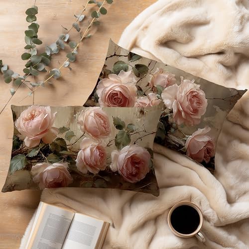 Vintage Pink Rose Floral Small Decorative Lumbar 12x20 Pillow Covers Decor,Pink Flower Rustic Cottagecore Decorative Throw Pillow Cover for Home Bedroom Room Decor Double-Sided Set of 2