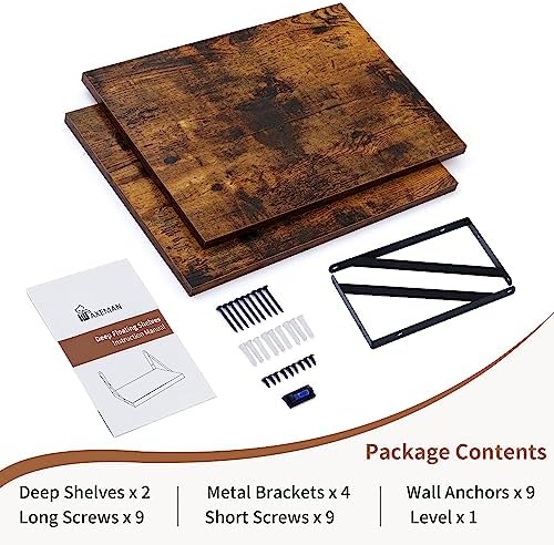 Axeman Deep Floating Shelves for Wall, 16W x 12D Rustic Wood Wall Shelves Set of 2, 12 Inch Deep Large Floating Shelves for Decor & Storage, Hanging Shelves for Farmhouse Kitchen Bathroom Bedroom
