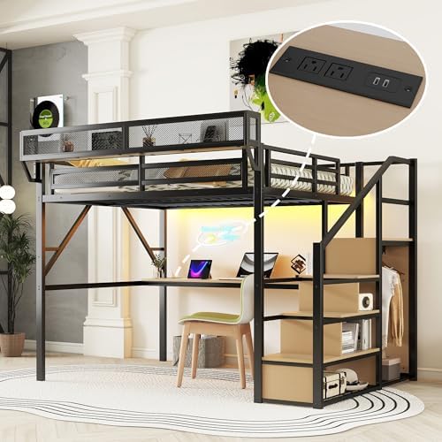 Queen Size Metal Loft Bed Frame with Desk, Staircase, Built-in Storage Shelves and Wardrobe, Modern Loft Bed with Solid Slat, Guardrail, No Box Spring Required, Easy Assembly, for Bedroom, Black