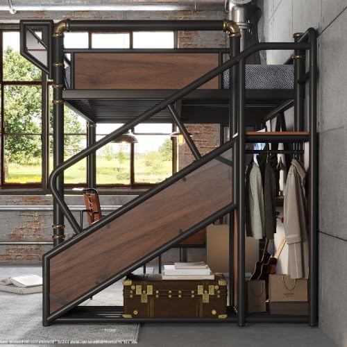 Bellemave Queen Metal Loft Bed with Stairs and Desk for Kids,Adults,Black