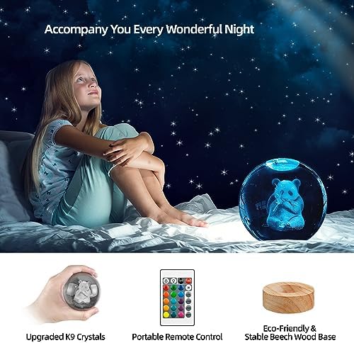 3D Panda Crystal Ball Night Light with 16 Color LED Wooden Base 3.15 Inch Glass Ball Lamps with Remote for Birthday Christmas Cute Panda Gifts for Lovers Boys Girls Friend (Upgraded)