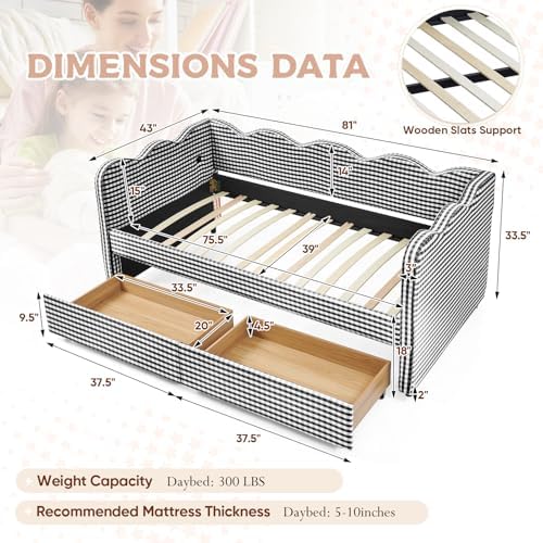 Twin Size Daybed with Storage Drawers, Linen Gingham Daybed with USB Ports & Wave Shaped, Upholstered Day Bed Frame, Modern Sofa Bed for Living Room/Bedroom/Guest Room, No Box Spring Needed, Black