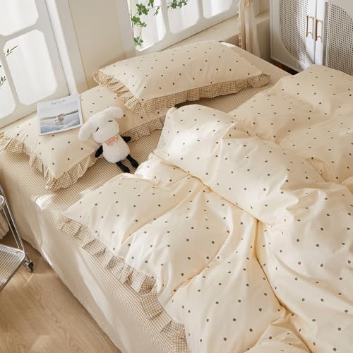 Ruffle Strawberry Duvet Cover Set King Size, 100% Cotton Romantic Ruffle Lace Bedding Set with Cute Aesthetic Strawberry Print, Cottagecore Duvet Cover Reversible Tan Gingham Comforter Cover King