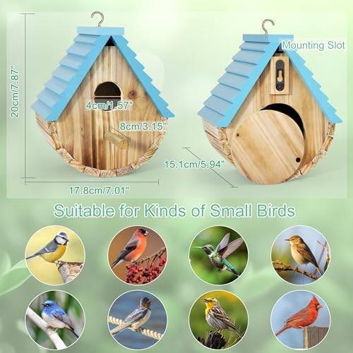 Auslar Bird Houses for Outside, Hanging Wooden Birdhouse for Outdoors, Blue