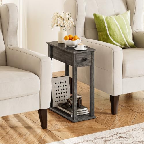 CHOEZON Farmhouse End Table, 2-Tier Narrow Side Table with Drawer, Wooden Nightstand, for Small Space, Living Room, Bedroom
