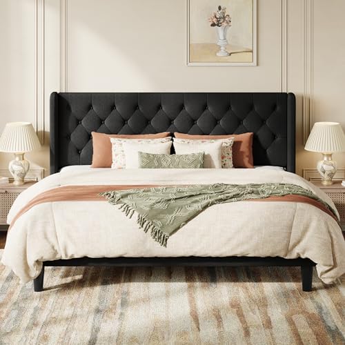 SHA CERLIN King Upholstered Bed Frame, Button Tufted Design, Black