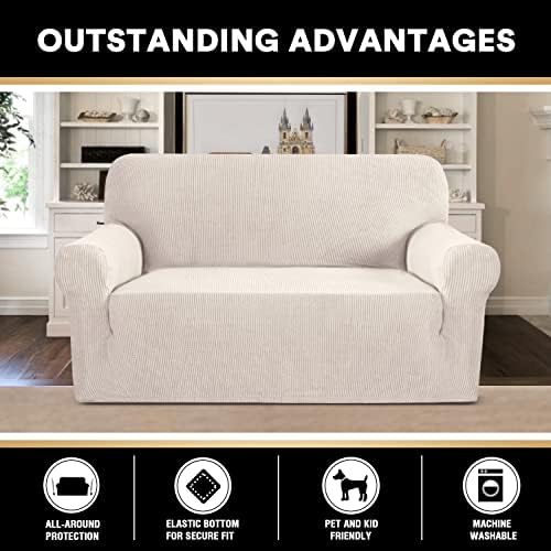 PrinceDeco Stretch Loveseat Sofa Cover Slipcover Couch Cover for 2 Cushion Sofa Washable Sofa Cover for Pets Friendly Furniture Protector Covers with Non Slip Bottom(Loveseat, Ivory)
