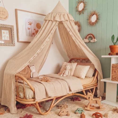 SmoothNovelty Gingham Plaid Bed Canopy, Beige White, Round