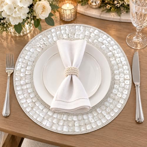 Beaded Placemats Set, 13 Inch Round Handmade Ivory Silver Dining Table Mats