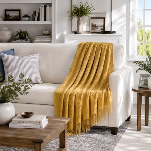 BOURINA Mustard Throw Blanket 50x60 Inches Throw Textured Solid Soft Ripple Throws and Blankets for Sofa or Bed Knitted Decorative Throw