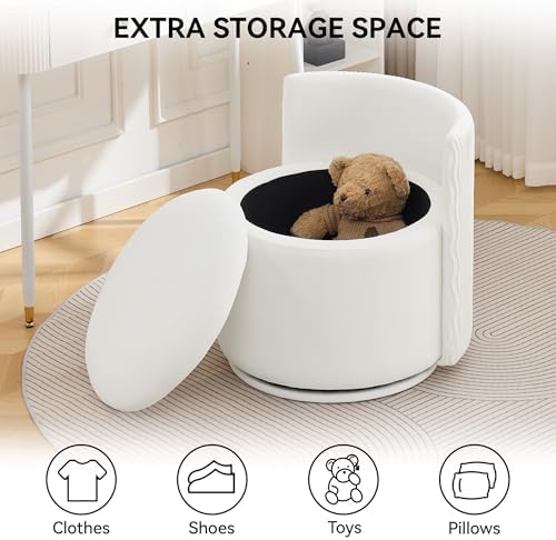 WUTUTUEE Large Velvet Vanity Chair with Storage, 360° Swivel Makeup Chair with Wave Back, No Assembly Small Accent Stool for Bedroom, Dressing, Living Room, White