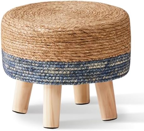 Cpintltr Foot Stool Natural Seagrass Hand Weave Poufs Round Ottoman for Couch Desk Soft Step Stool Padded Foot Rest with Non-Skid Pine Legs for Hallway Office Lounge Natural/Blue