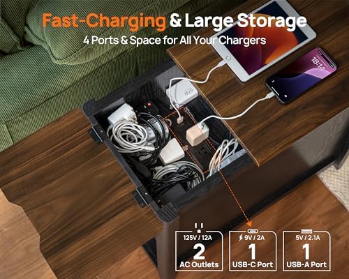 End Table with Charging Station, Side Table with Storage&Deep Drawer, Black