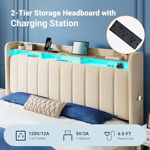 Allewie King Size Bed Frame with 2-Tier Storage Headboard & 2 Large Drawers