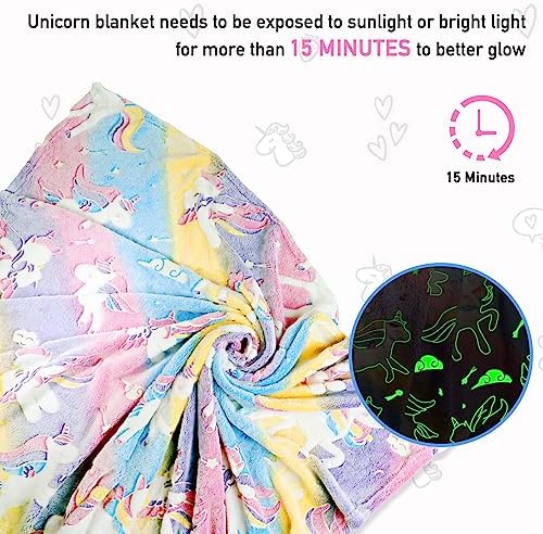 Unicorn Glow in The Dark Kids Blanket, Soft Fleece Throw 50"x60" for Girls & Boys, Ages 3-12