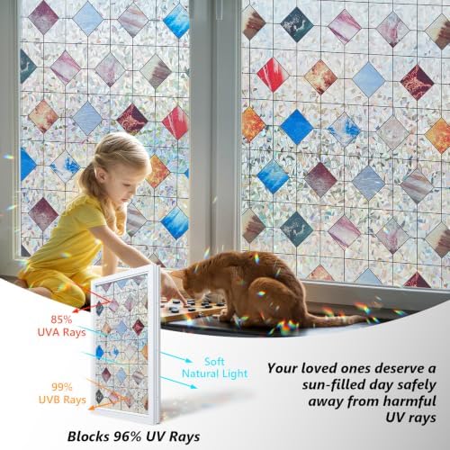 LEMON CLOUD Stained Glass Window Privacy Film Decorative, 35.4″ x 78.7″