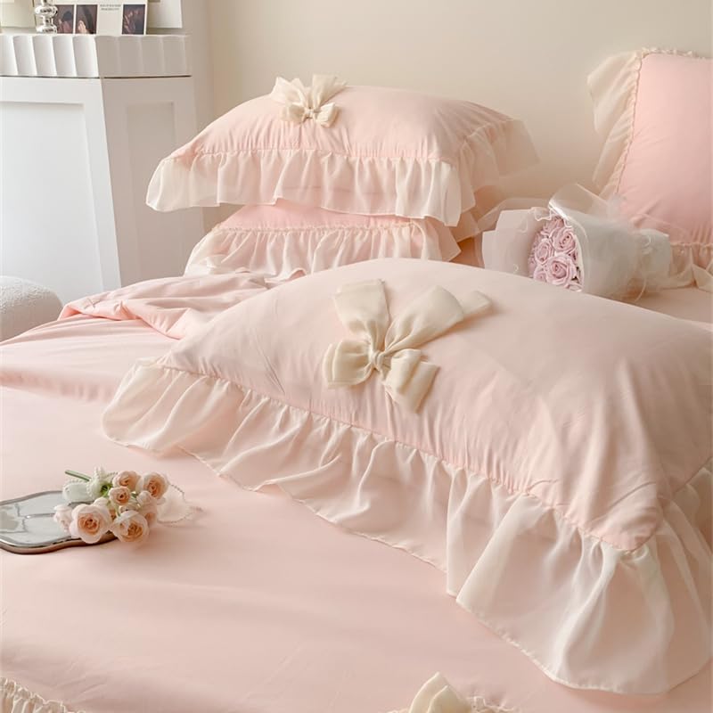 IHOUSTRIY Duvet Cover Queen Size, Ruffle Beddding Set with Bowtie, 3 Pieces Comforter Cover Set with Zipper Closure, Girl Princess Bedding with Pillowcase - Light Pink, Queen