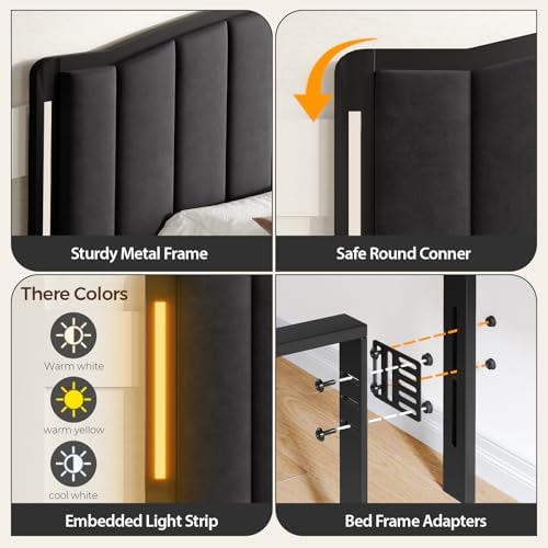 Upholstered Tufting Headboard for King Size Bed with Lights, Black