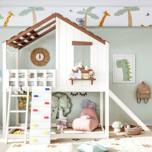 Twin Size House Bunk Bed with Convertible Slide & Ladder, Beige