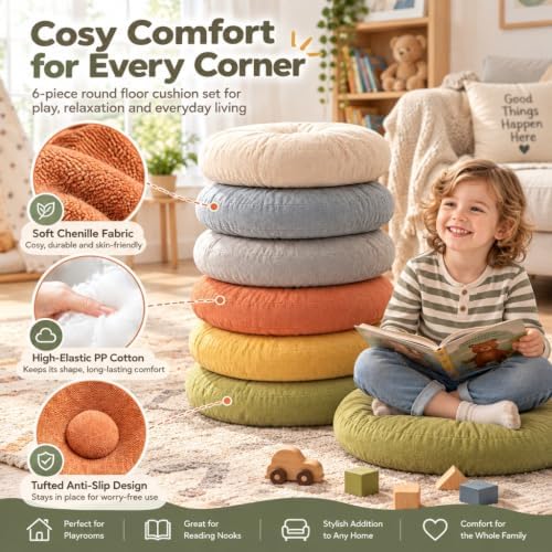 TOPCHANCES Kids Floor Cushions 6 Pack, 16" Round Classroom Seating with Handles, Waterproof Smolder-Resistant Sitting Pillows for Reading Circle Time, School & Daycare
