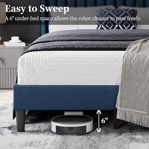 Yaheetech Full Bed Frame with Headboard, Navy Blue Channel-Tufted Platform