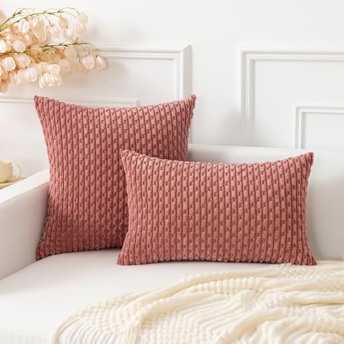 Kevin Textile Soft Corduroy 16x16 Inch Pillow Covers 2 Pack, Blush Pink