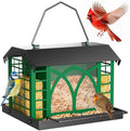 Bird Feeders for Outdoors Hanging, Metal Bird Feeder with Double Suet Cage Weatherproof Metal Roof, 3.5Lbs Large Capacity Great for Attracting Finch Cardinal Chickadee Wild Birds, Branch Green