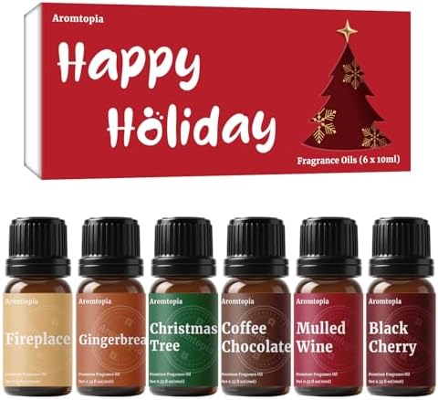 Fragrance Oil Holiday Set, Aromtopia Essential Oils for Candle Soap Making, 6x10ml, Diffuser Oils Scents, Winter Fragrance Oils, Christmas Tree, Coffee Chocolate, Black Cherry, More