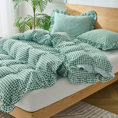 Gingham Duvet Cover King Size, 3 Pieces Soft Breathable Microfiber Plaid Duvet Cover with Zipper Closure & 2 Pillow Shams, Ruffle Farmhouse Vintage Decor, Green