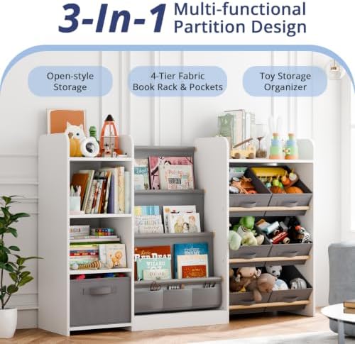 Kids Bookshelf and Toy Storage with 7 Removable Bins, 52 inch, White