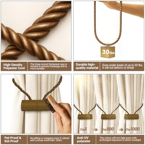 Hion Magnetic Curtain Tiebacks Dark Brown 6pcs, Curtain Holdbacks Hooks