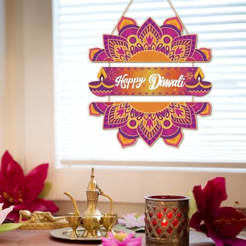 LHIUEM Happy Diwali Wooden Signs Indian Festival of Lights Door Hanging Decor Set of 3(4”X11”) Indian Wreath Garland,Dewalee Wood Wall Hanging,Diya Lotus Door Hanger Diwali Party Decor for Home Porch