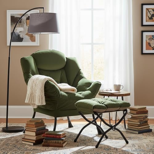 Welnow Lazy Chair with Ottoman, Reading Chair with Footrest, Army Green