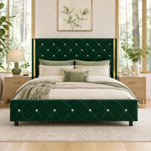 HOMBCK Queen Size Bed Frame with Velvet Headboard, Goldside Wingback, Green