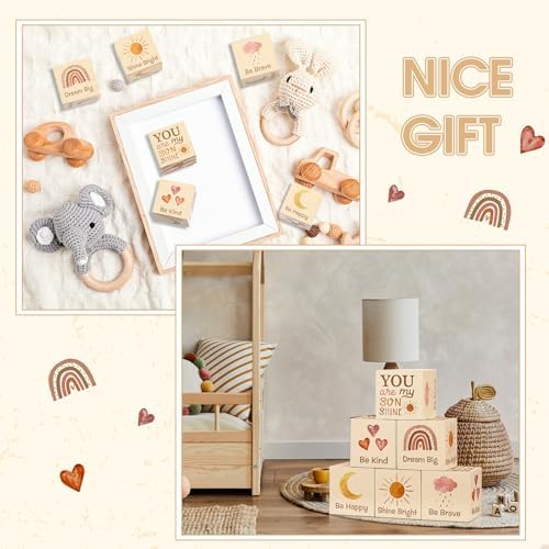 6 Pcs Nursery Shelf Decor Baby Wooden Blocks, Boho Style