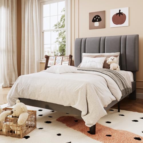 SHA CERLIN Twin Size Velvet Bed Frame with Adjustable Headboard, Grey