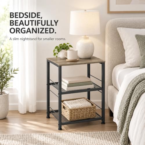 Grey End Table, Wood Coffee Table Stand, Nightstand with Storage Shelves