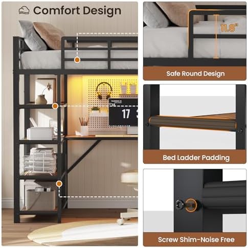 Loft Bed Twin Size with L Shape Desk,4 Drawers,3-Tier Storage Shelves Metal Loft Bed Frame with Power Outlet and LED Lighted,No Box Spring Needed,Space-Saving,Noise Free (Brown & Black, Twin Size)
