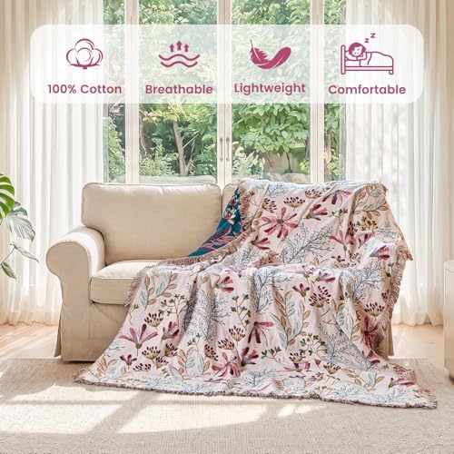 MSGKV Boho Throw Blanket 60"x80" 100% Cotton Floral Blanket for Couch Bed