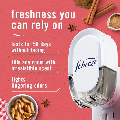 Febreze Plug-In Air Freshener, Odor-Fighting Scented Oil Refill for Home, Bathroom & Kitchen, Holiday Baked Cinnamon Apples Scent, 0.87 oz Refills, 4 Count