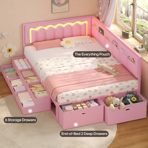 ADORNEVE Full Corner Bed Frame with 8 Storage Drawers and LED Lights, Pink