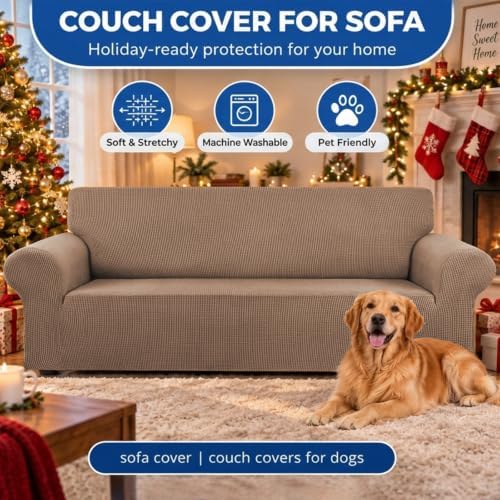 KEKUOU Stretch Couch Covers for Sofa, 3 Cushion Couch Slipcover,Camel