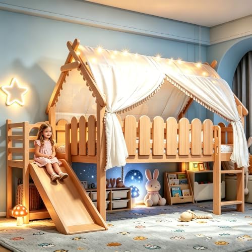 Bellemave Low Loft Bed Twin with Slide and Lights Strip for Kids, Natural