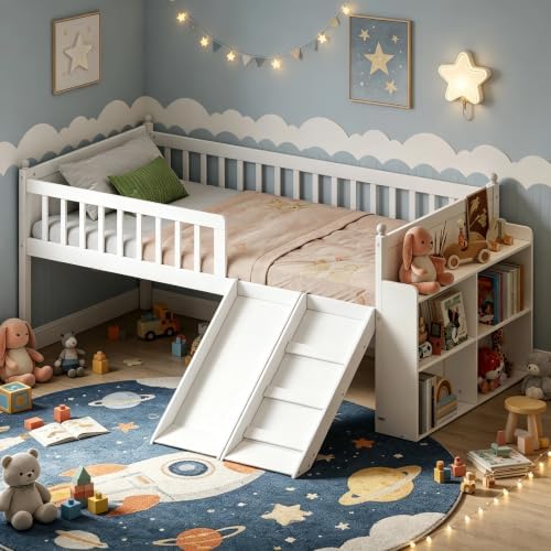 SOFTSEA Twin Size Low Loft Bed with Slide and Guardrails, Wood Loft Bed Frame with Storage Shelves for Kids, White