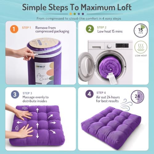 Degrees of Comfort Square Tufted Corduroy Floor Cushions, Large Pillows Seating for Adults, Meditation Pillow for Balcony Tatami Living Room, 22x22 Inch, Purple